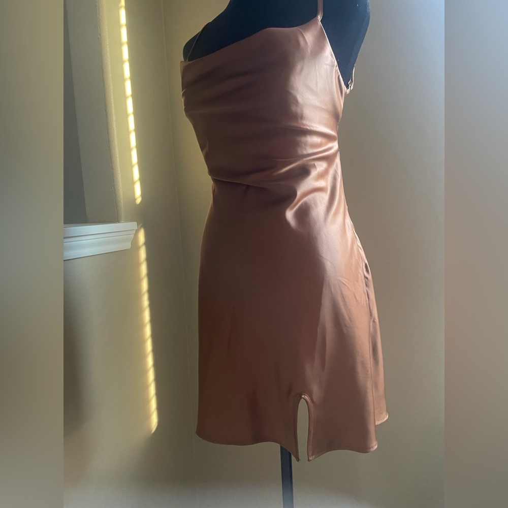 New - Brown Solid Tie Backless Cami Mini Dress - image 3